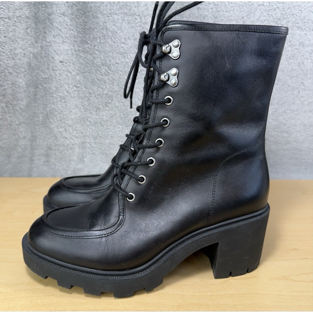 J Crew Refined Leather Apron Toe Lace up Lug 3" Heel Combat Boot Womens Size 7.5